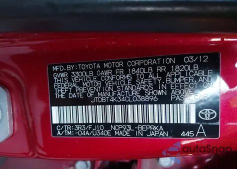 2012 Toyota Yaris z USA, uszkodzony, nr VIN JTDBT4K34CL038896